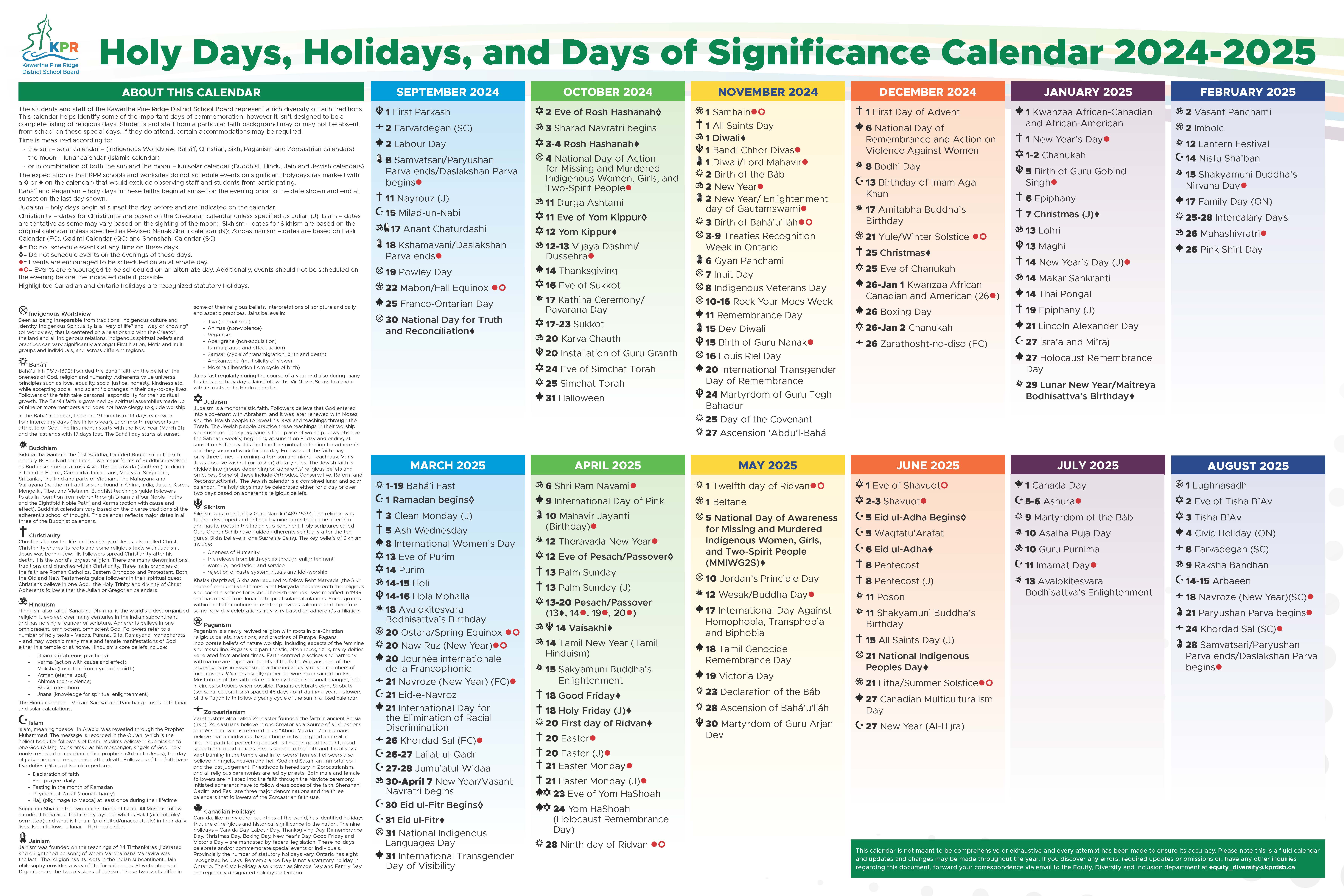 Holy Days, Holidays, and Days of Significance Calendar 
