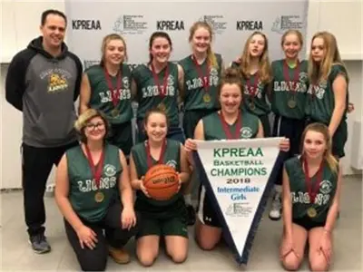 Female Basketball Players holding a championship banner