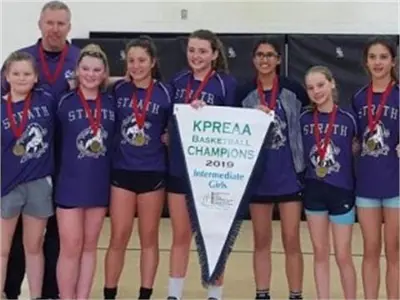 Female basketball players holding a championship banner