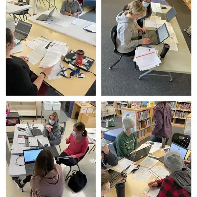 Collage of people seated at tables with paperwork and laptops