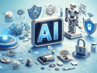 image of a screen with the letters AI on it. surrounded by many different objects, such as a robot, a lock and computer pieces