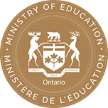 Image of circular seal for the Ministry of Education in Ontario. The outer ring reads 'MINISTRY OF EDUCATION' at the top and 'MINISTÈRE DE L'ÉDUCATION' at the bottom. Inside, a shield with three maple leaves and a bear on top is flanked by two upright deer. A banner below the shield displays the Latin motto 'UT INCEPIT FIDELIS SIC PERMANET.' The word 'Ontario' appears at the bottom.