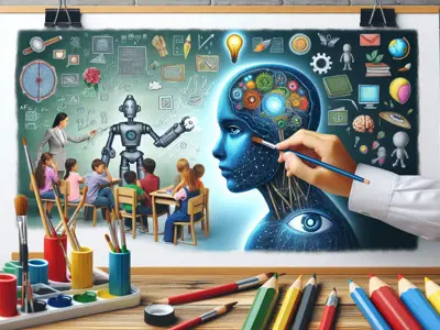 An AI image of a artists hand painting a picture of many different objects such as students sitting in front of a robot learning.
