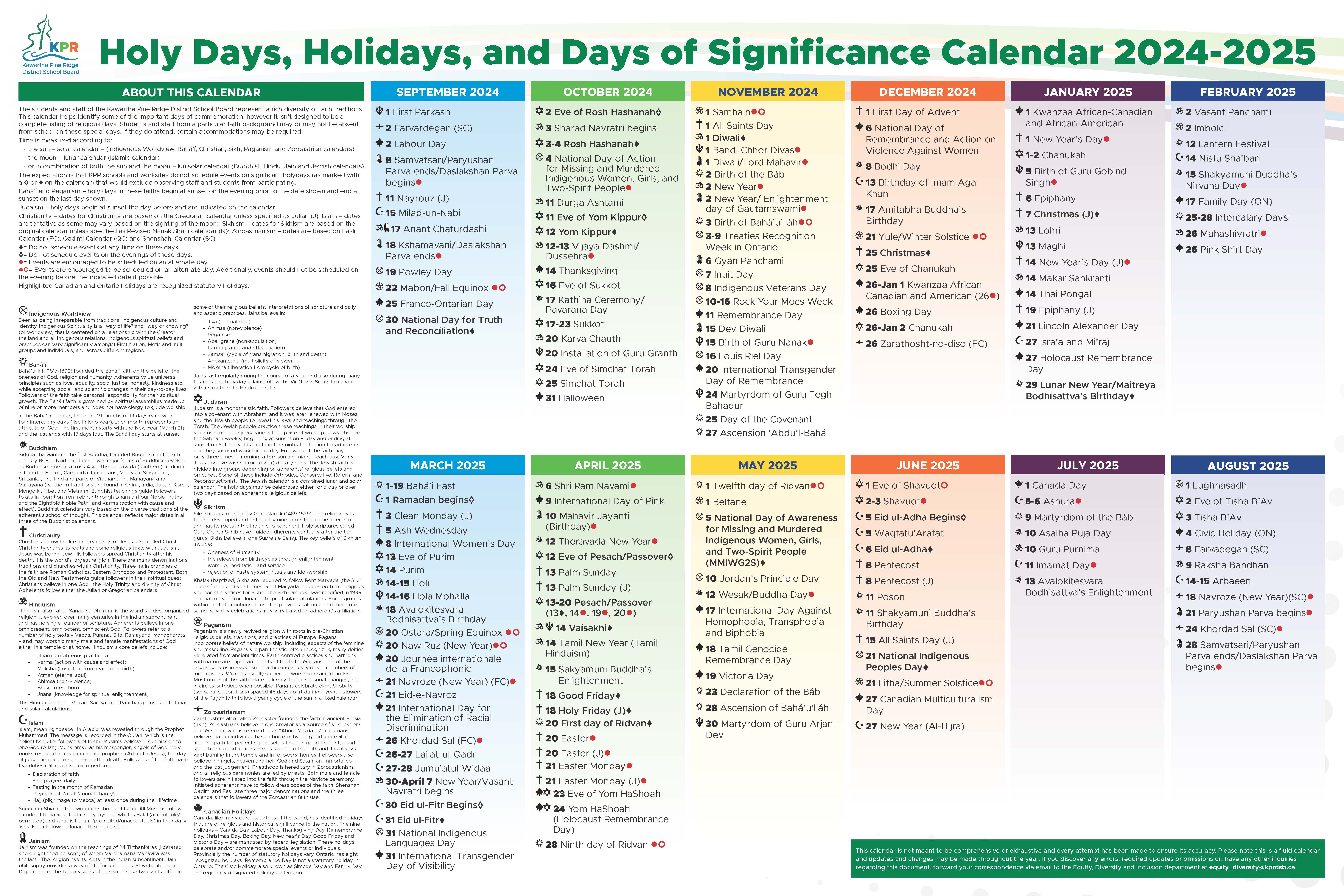 Holy Days, Holidays, and Days of Significance Calendar