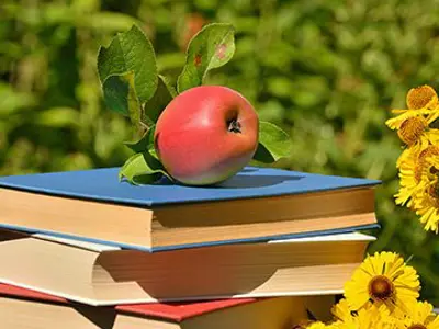 Stack of books with apple on top